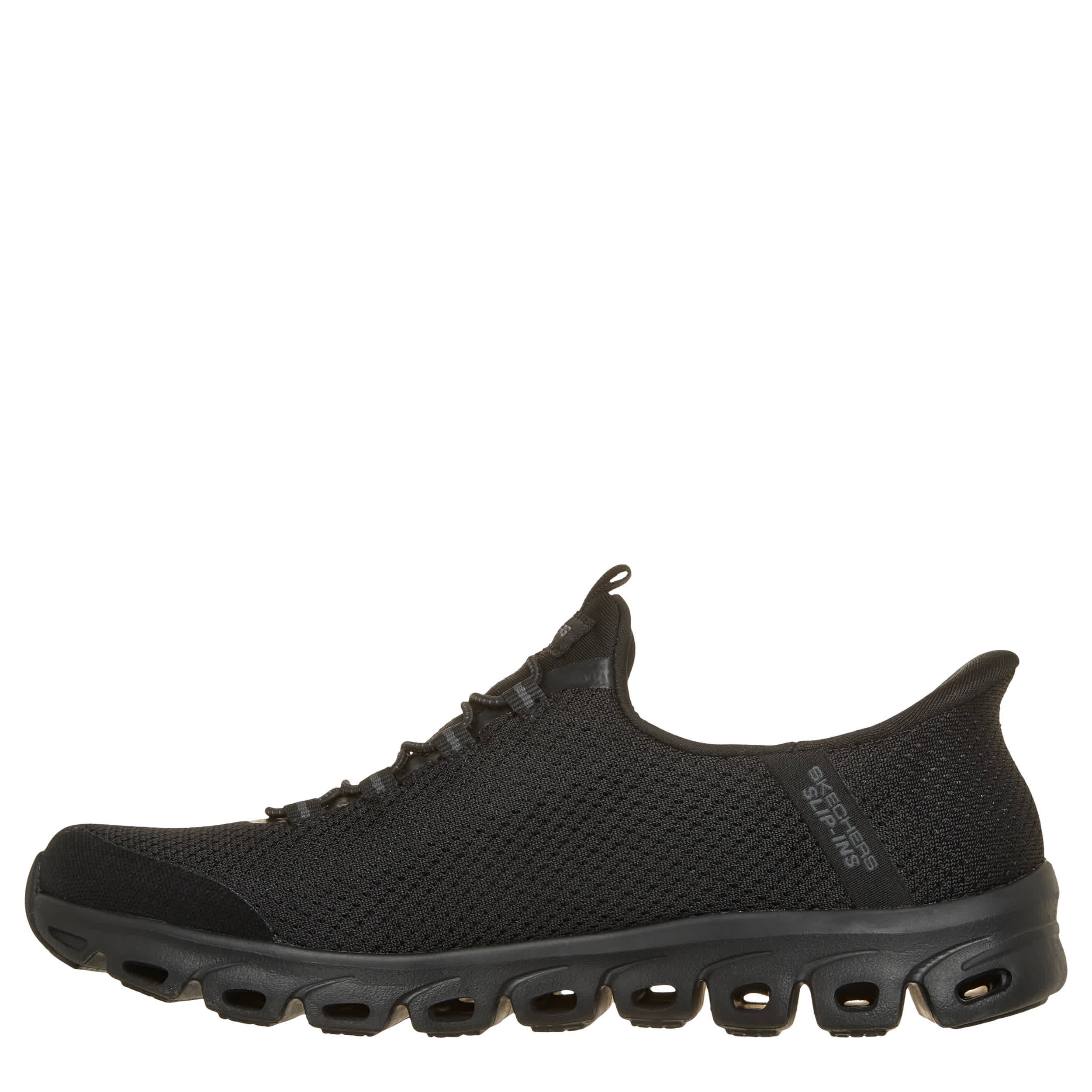 SKECHERS-WOMENS SLIP-INS GLIDE STEP PURSUIT RUNNING SHOE-BLACK & BLACK