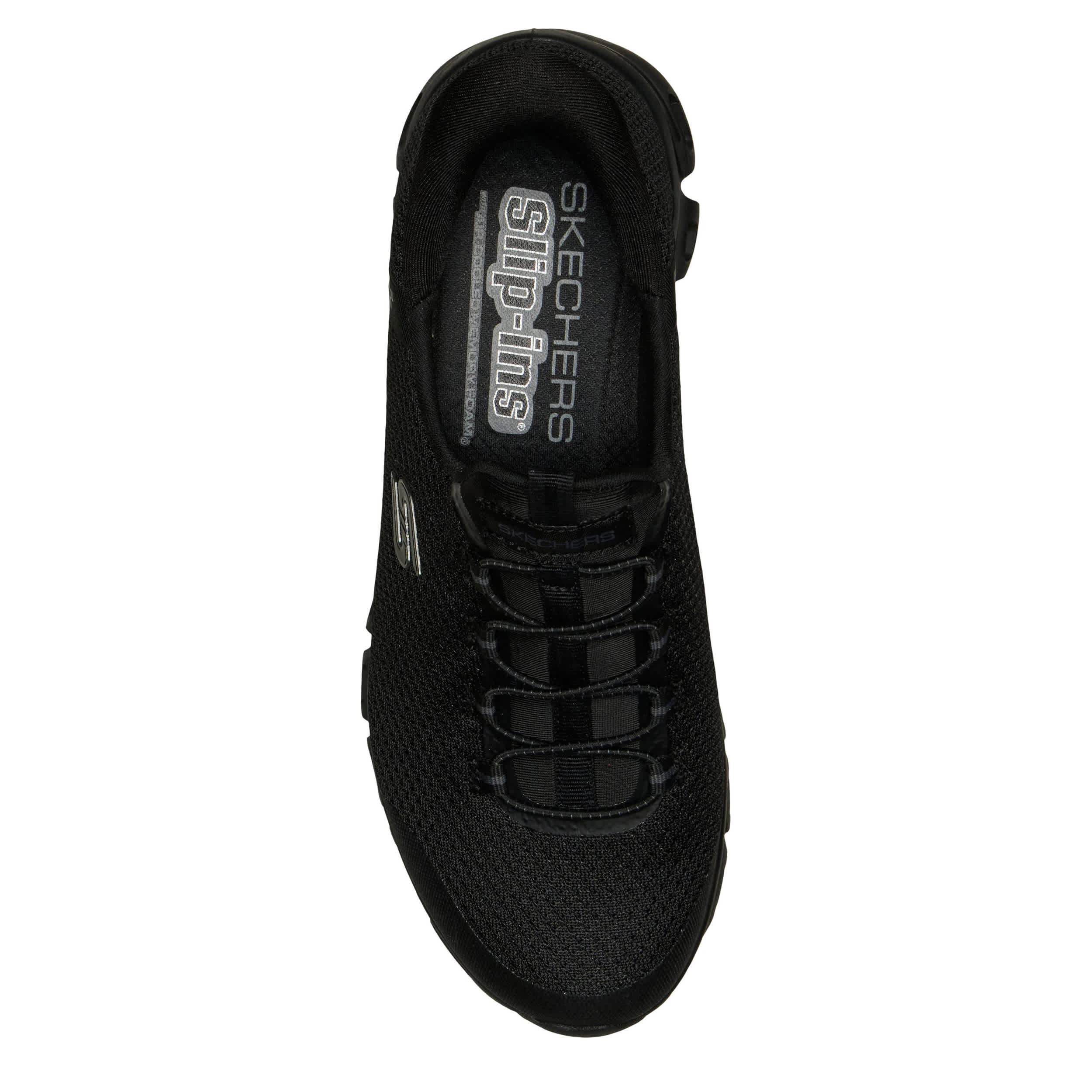 SKECHERS-WOMENS SLIP-INS GLIDE STEP PURSUIT RUNNING SHOE-BLACK & BLACK