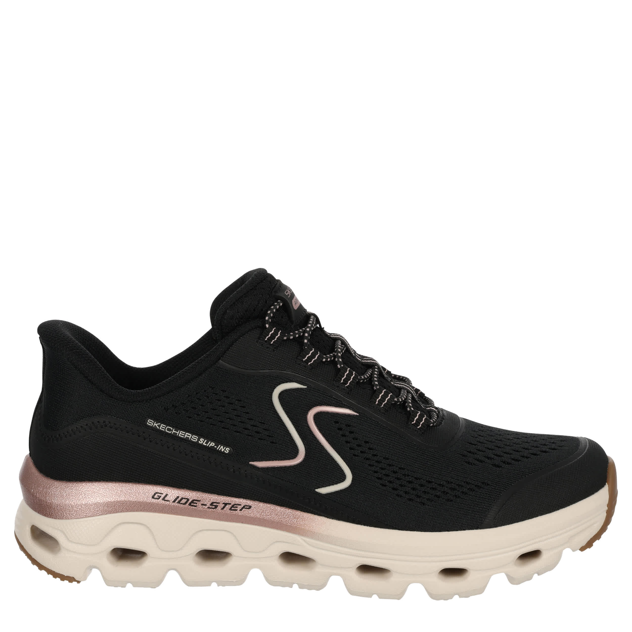 SKECHERS-WOMENS SLIP-INS GLIDE STEP SOLE RUNNING SHOE-BLACK & ROSE GOLD