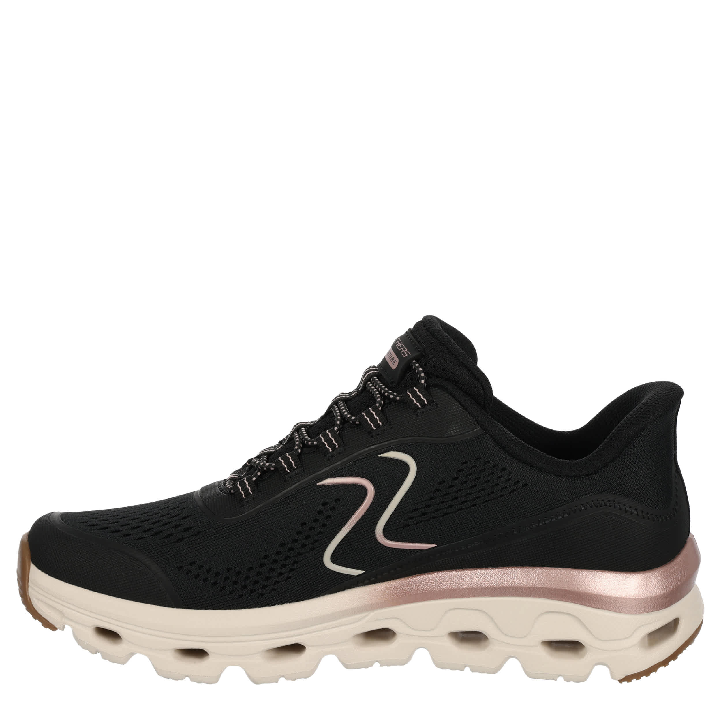 SKECHERS-WOMENS SLIP-INS GLIDE STEP SOLE RUNNING SHOE-BLACK & ROSE GOLD
