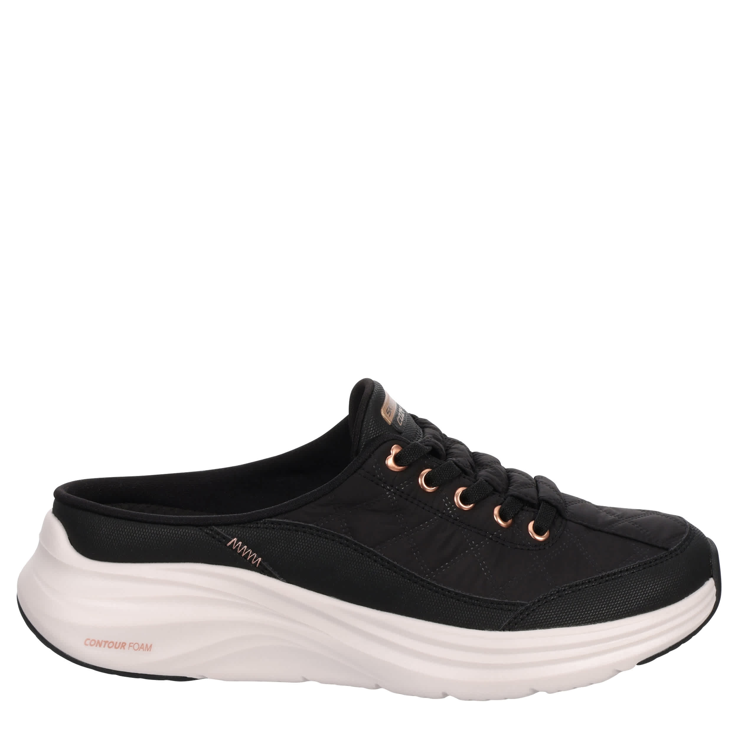 SKECHERS-WOMENS CONTOUR FOAM COZY FIT SLIP-ON SNEAKER-BLACK & ROSE GOLD