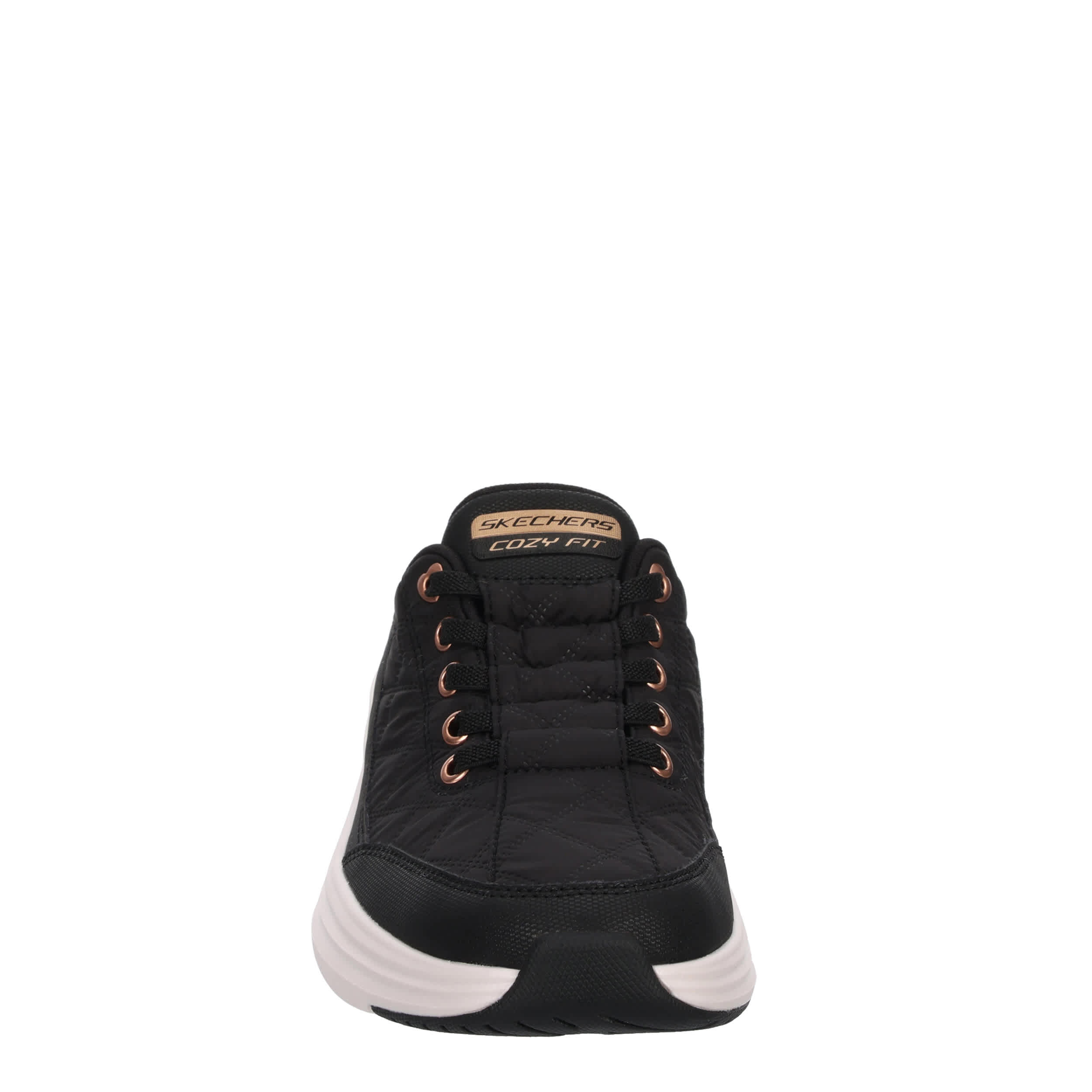 SKECHERS-WOMENS CONTOUR FOAM COZY FIT SLIP-ON SNEAKER-BLACK & ROSE GOLD