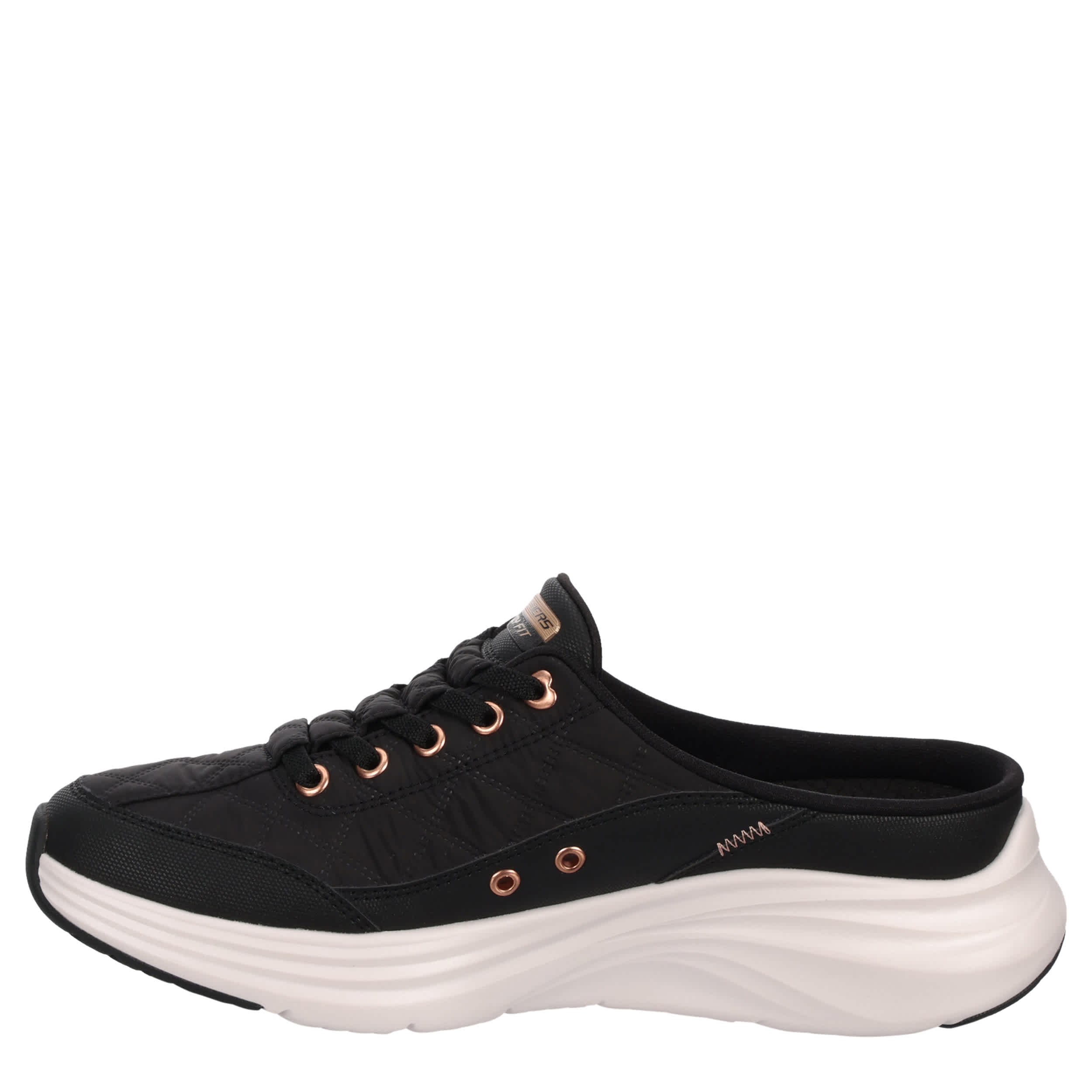 SKECHERS-WOMENS CONTOUR FOAM COZY FIT SLIP-ON SNEAKER-BLACK & ROSE GOLD