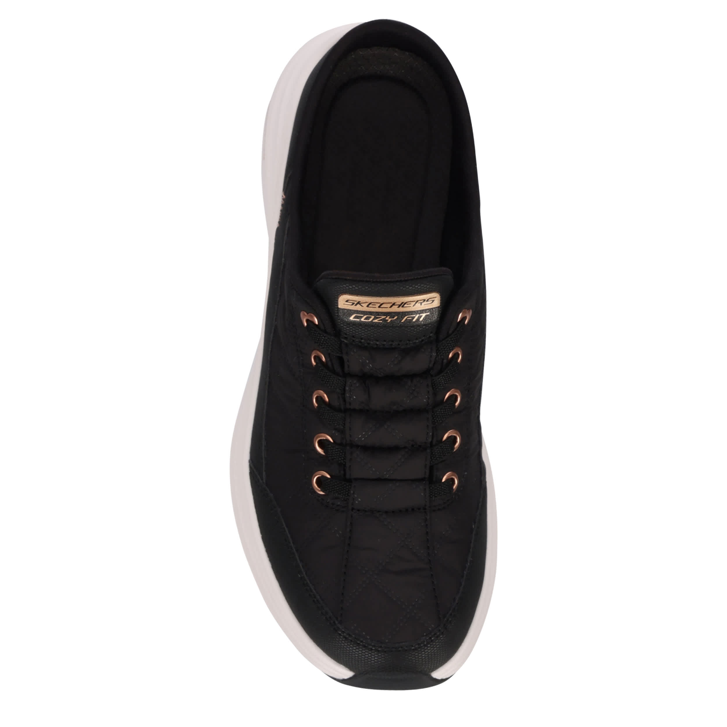 SKECHERS-WOMENS CONTOUR FOAM COZY FIT SLIP-ON SNEAKER-BLACK & ROSE GOLD