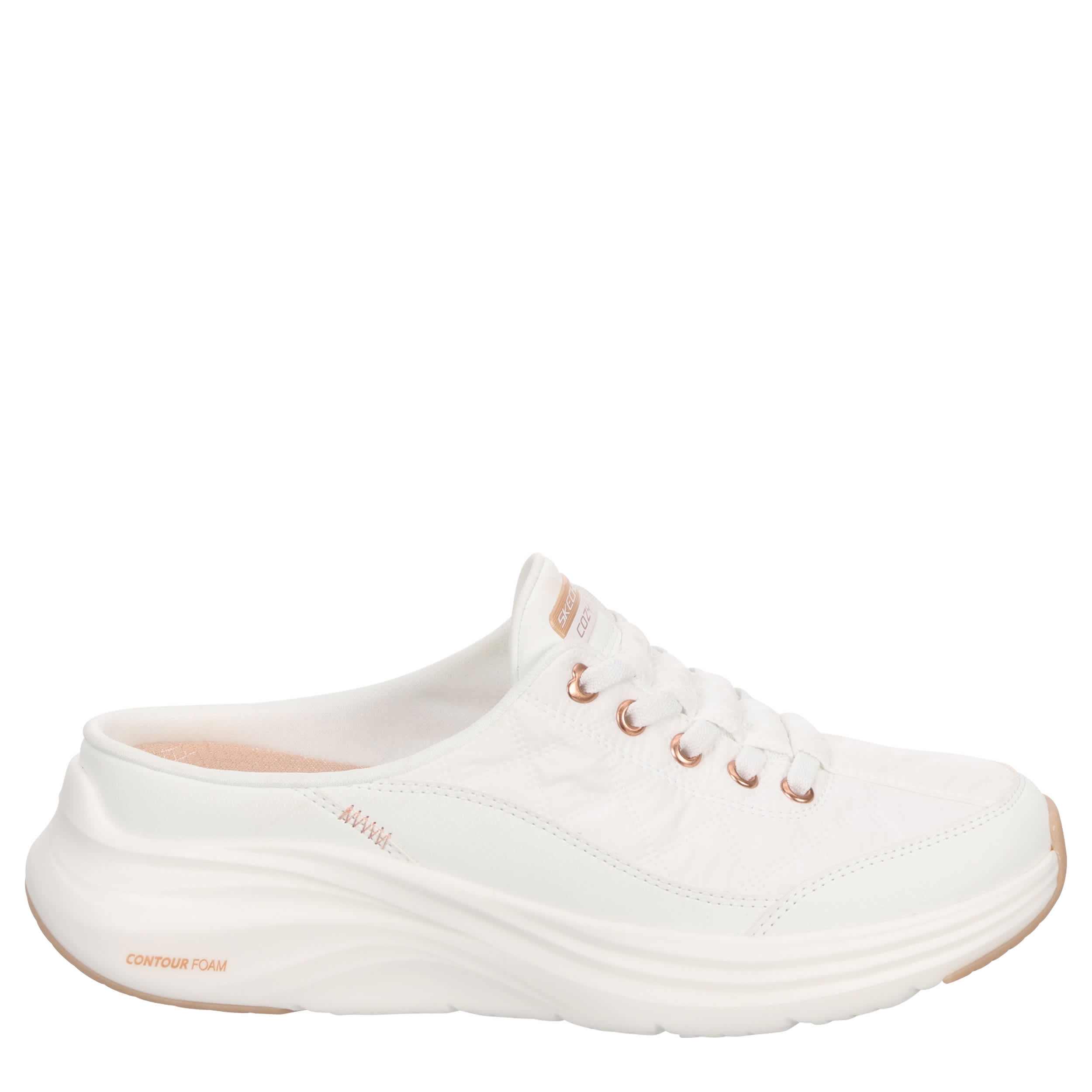 SKECHERS-WOMENS CONTOUR FOAM COZY FIT SLIP-ON SNEAKER-WHITE & ROSE GOLD