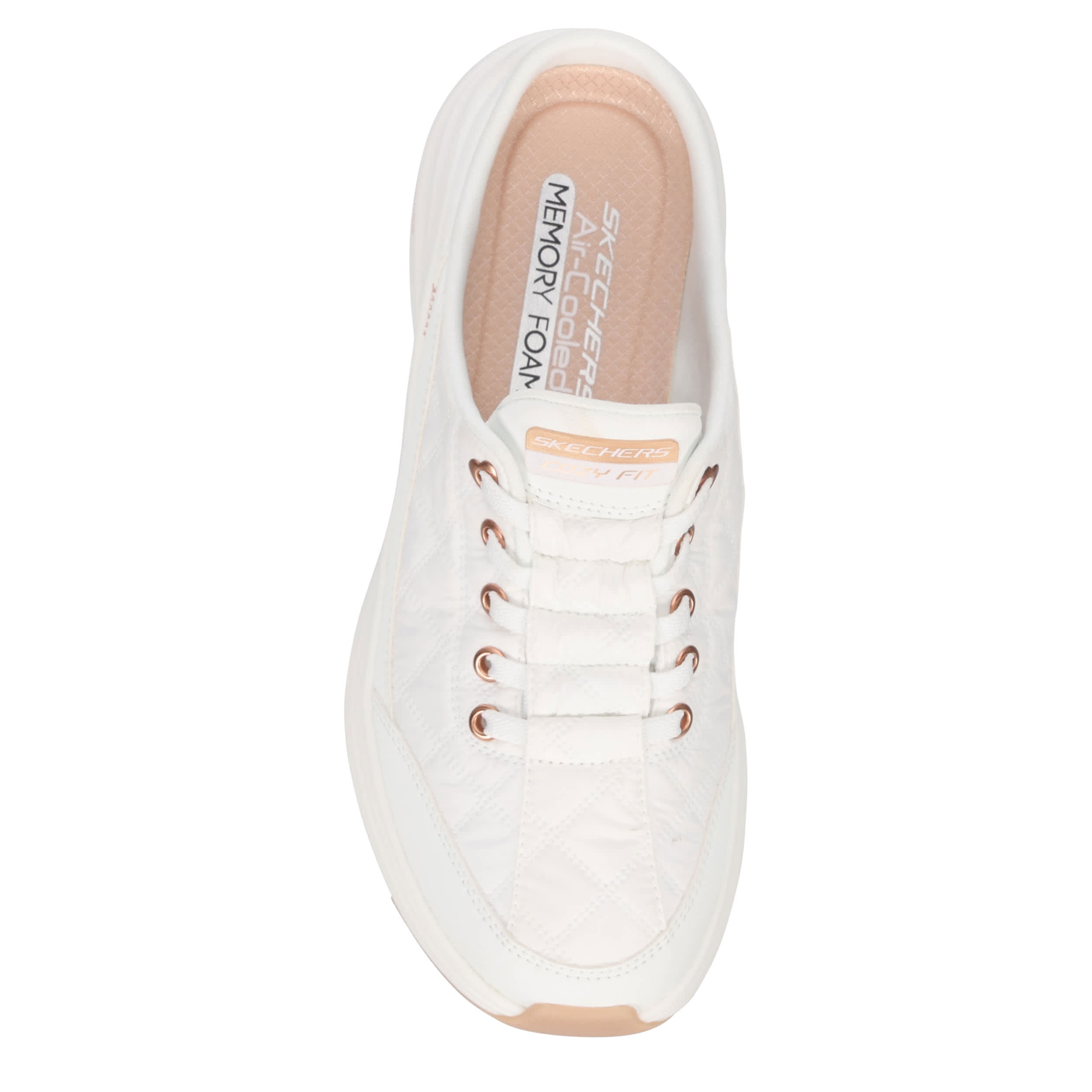 SKECHERS-WOMENS CONTOUR FOAM COZY FIT SLIP-ON SNEAKER-WHITE & ROSE GOLD