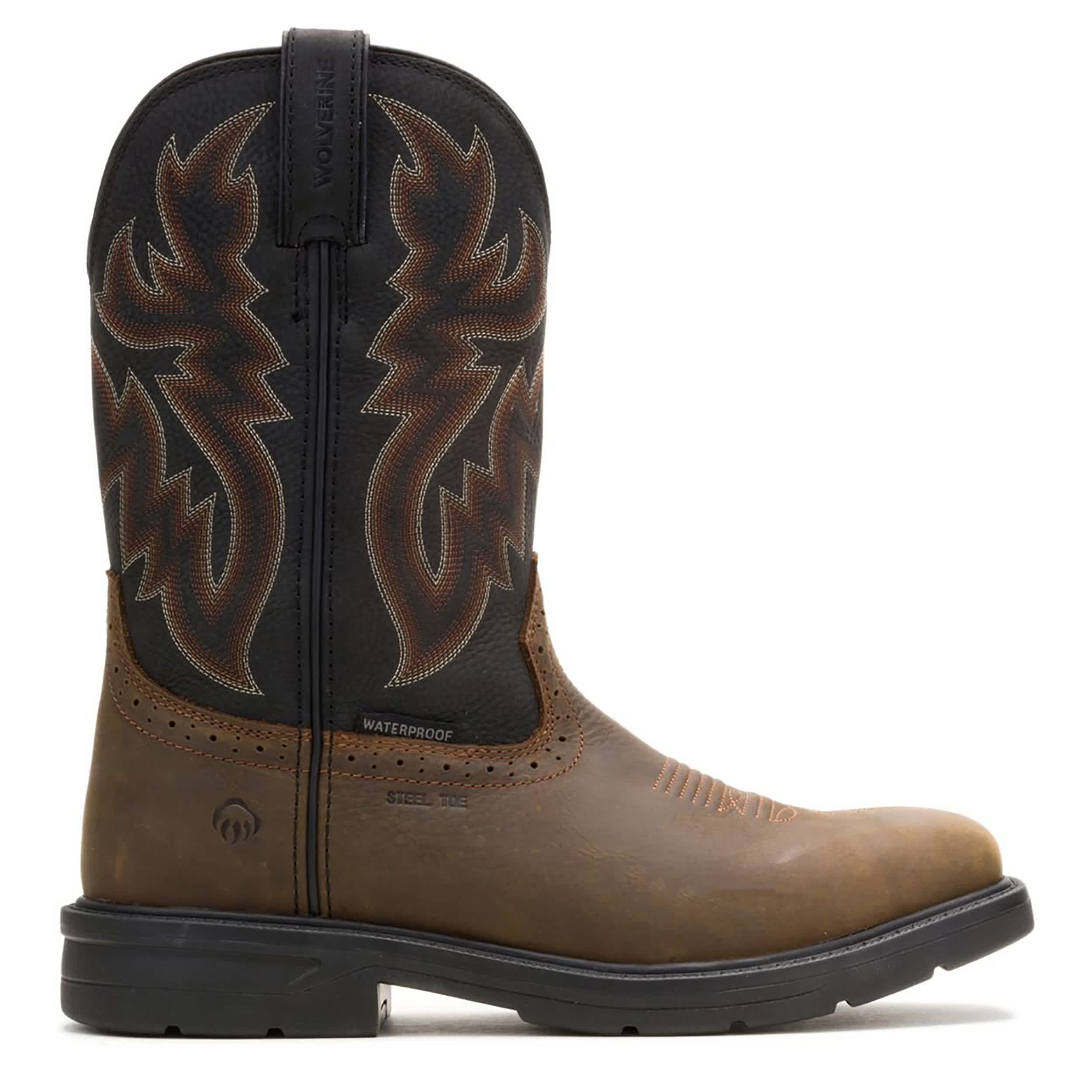 WOLVERINE-MENS RANCHER LEVEL STEEL TOE PULL ON WELLINGTON BOOT-BLACK & BROWN