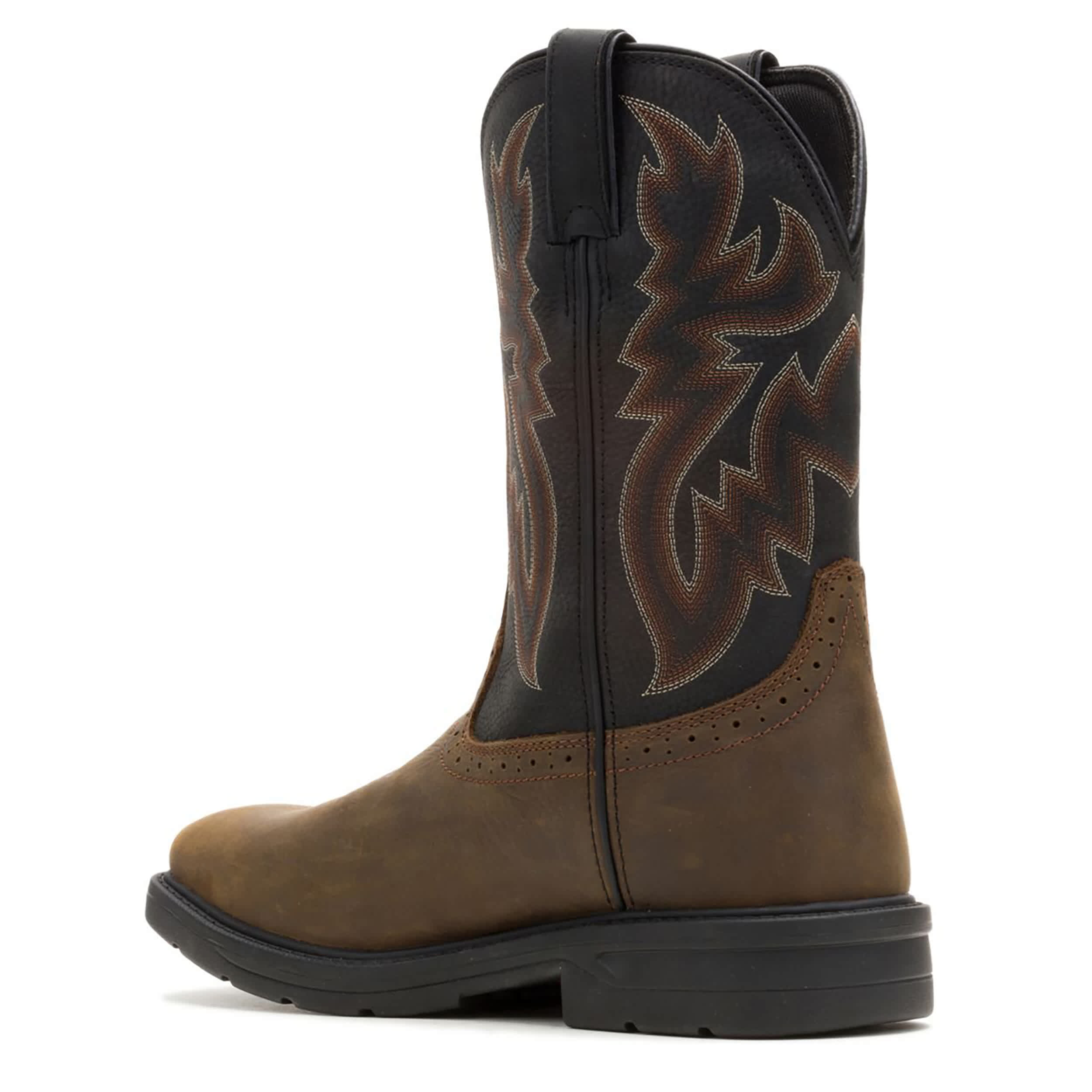 WOLVERINE-MENS RANCHER LEVEL STEEL TOE PULL ON WELLINGTON BOOT-BLACK & BROWN