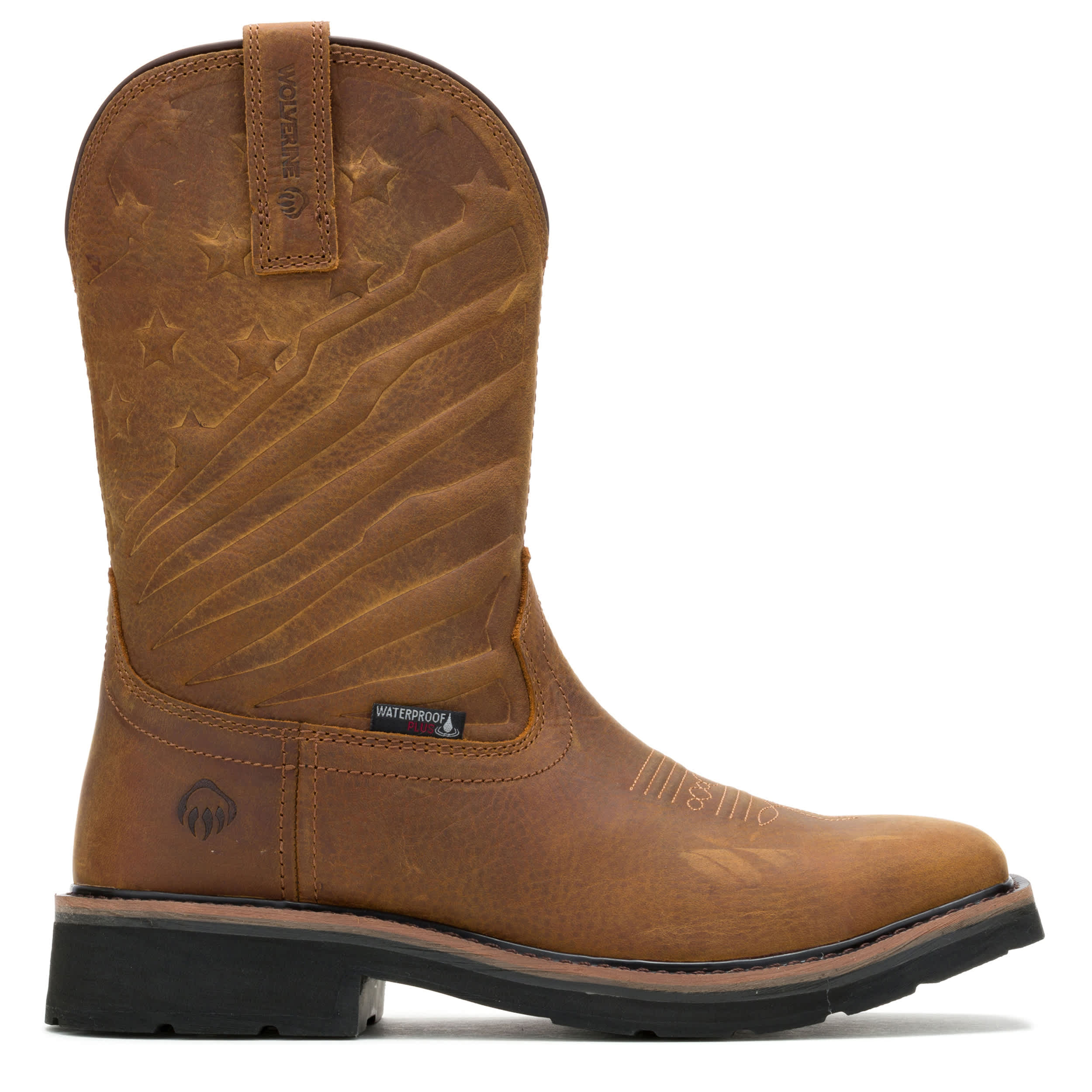 WOLVERINE-MENS X JORDAN DAVIS RANCHER FLAG LX STEEL WELLINGTON-DARK TAN & CLEAR