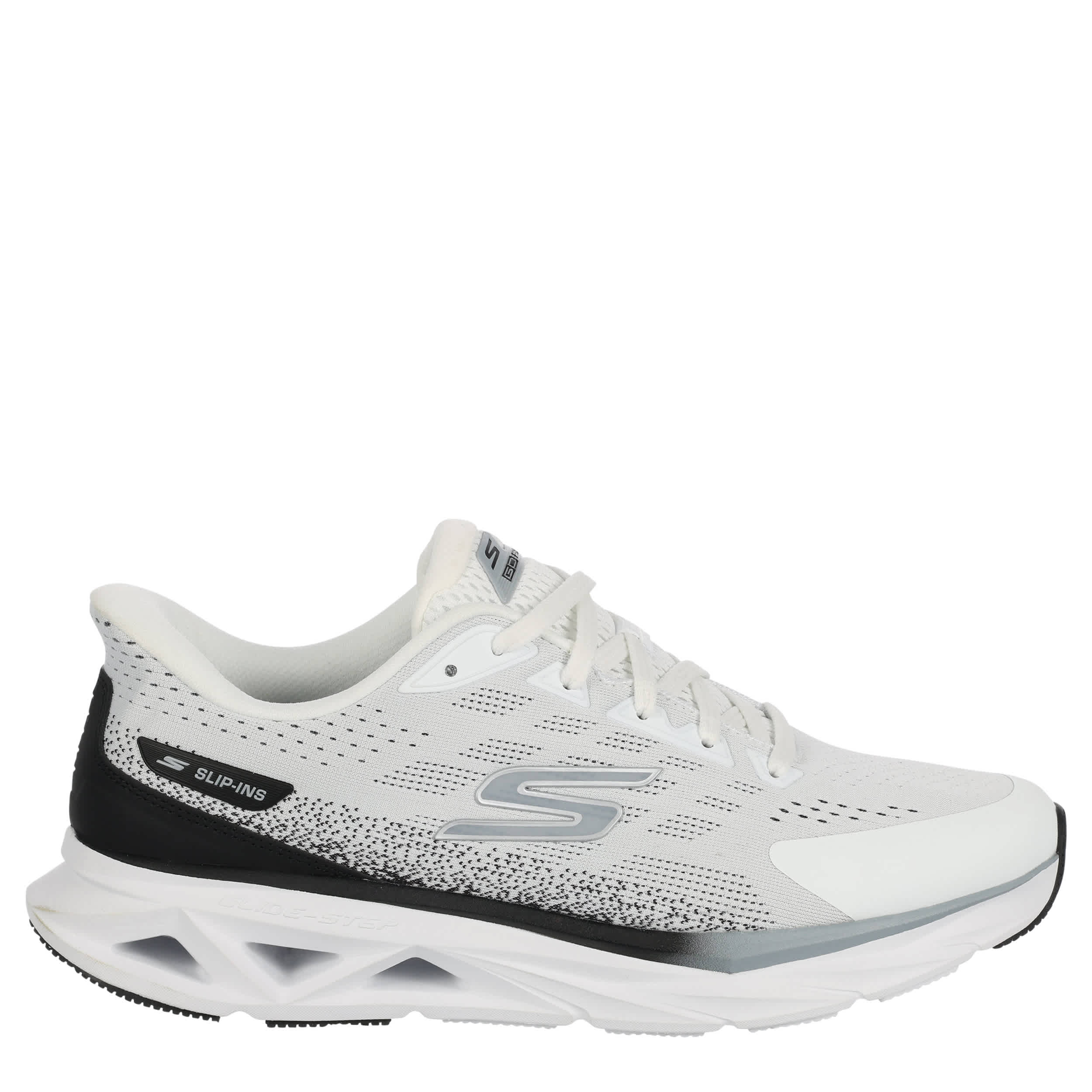 SKECHERS-MENS SLIP-IN GLIDE STEP VORTEX SHOE-WHITE & BLACK