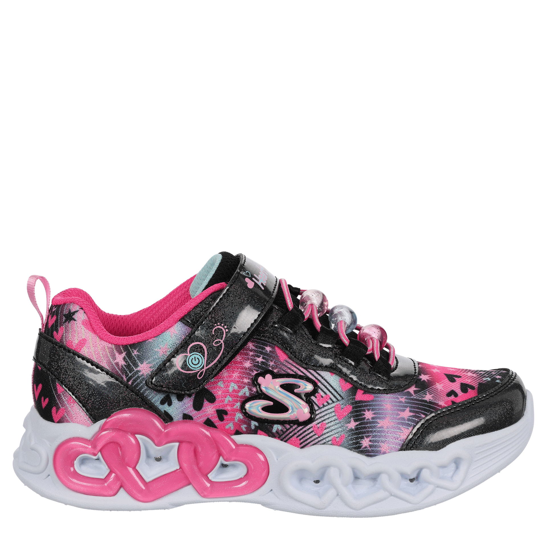 SKECHERS-GIRLS LITTLE KID HEART LIGHTS LIGHT UP SNEAKER-BLACK & PINK