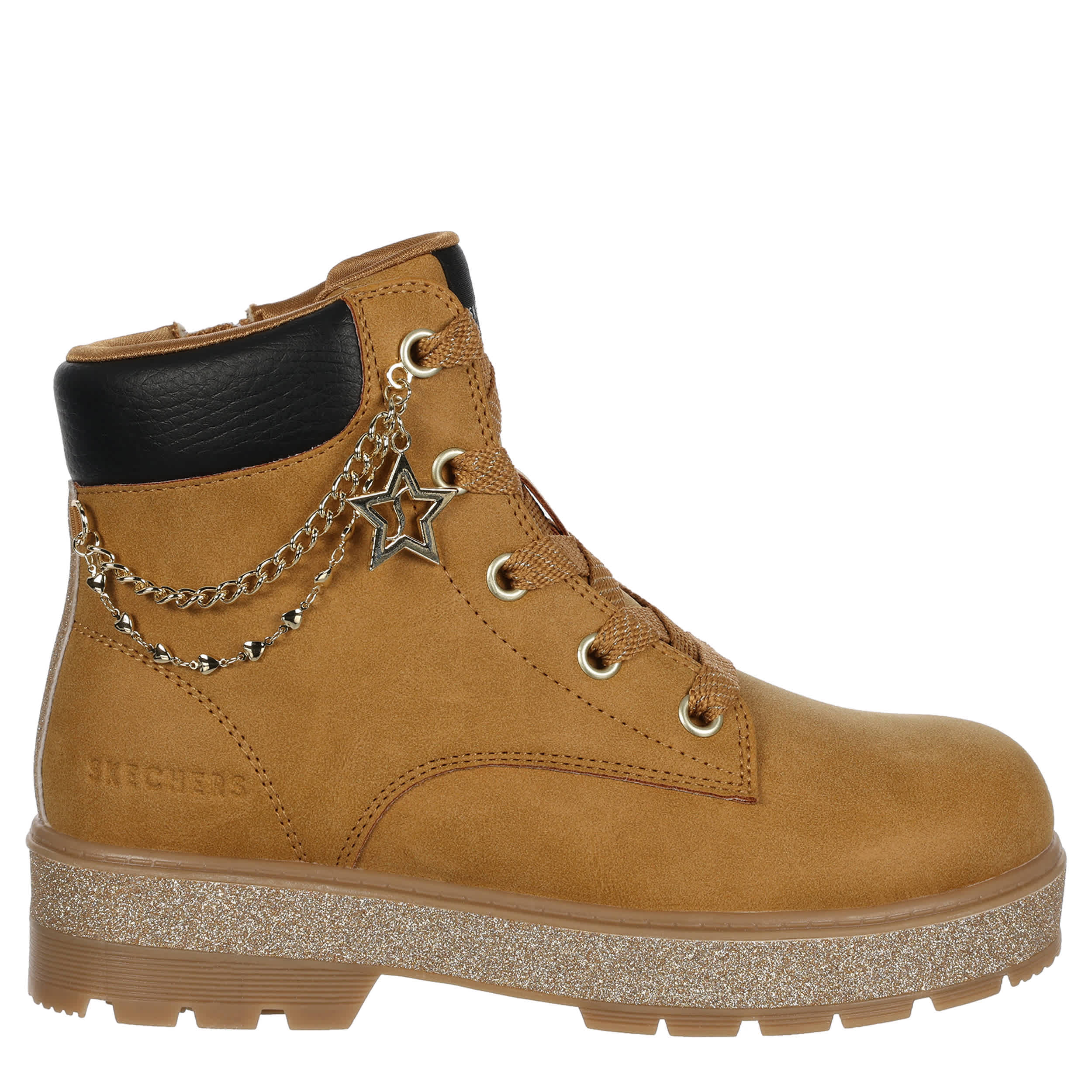 SKECHERS-GIRLS LITTLE-BIG KID STREET GLITZ LACE-UP BOOT-WHEAT & 