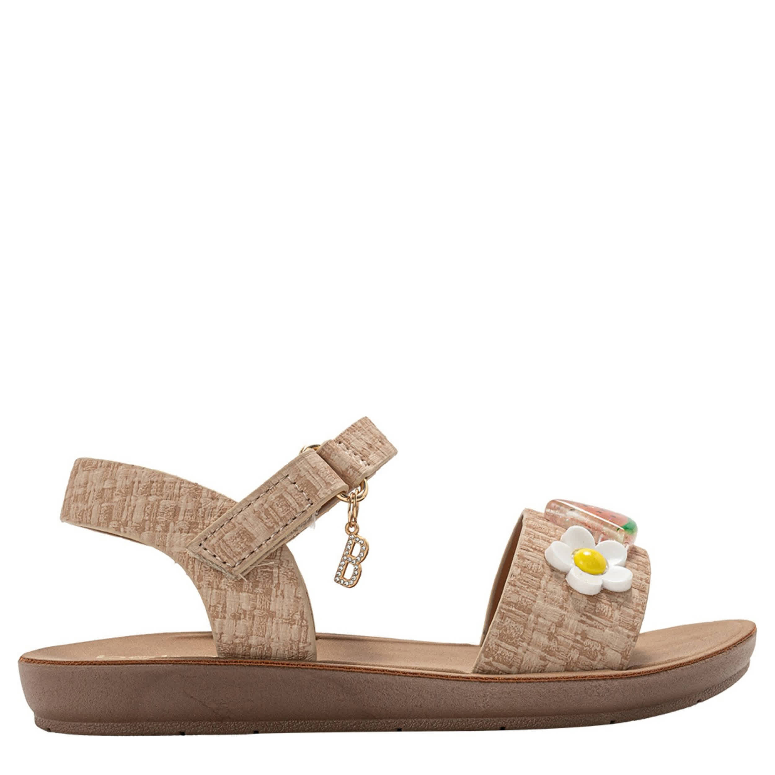 BEBE-GIRLS LITTLE-BIG KID FLAT SANDAL-TAN & FLORAL
