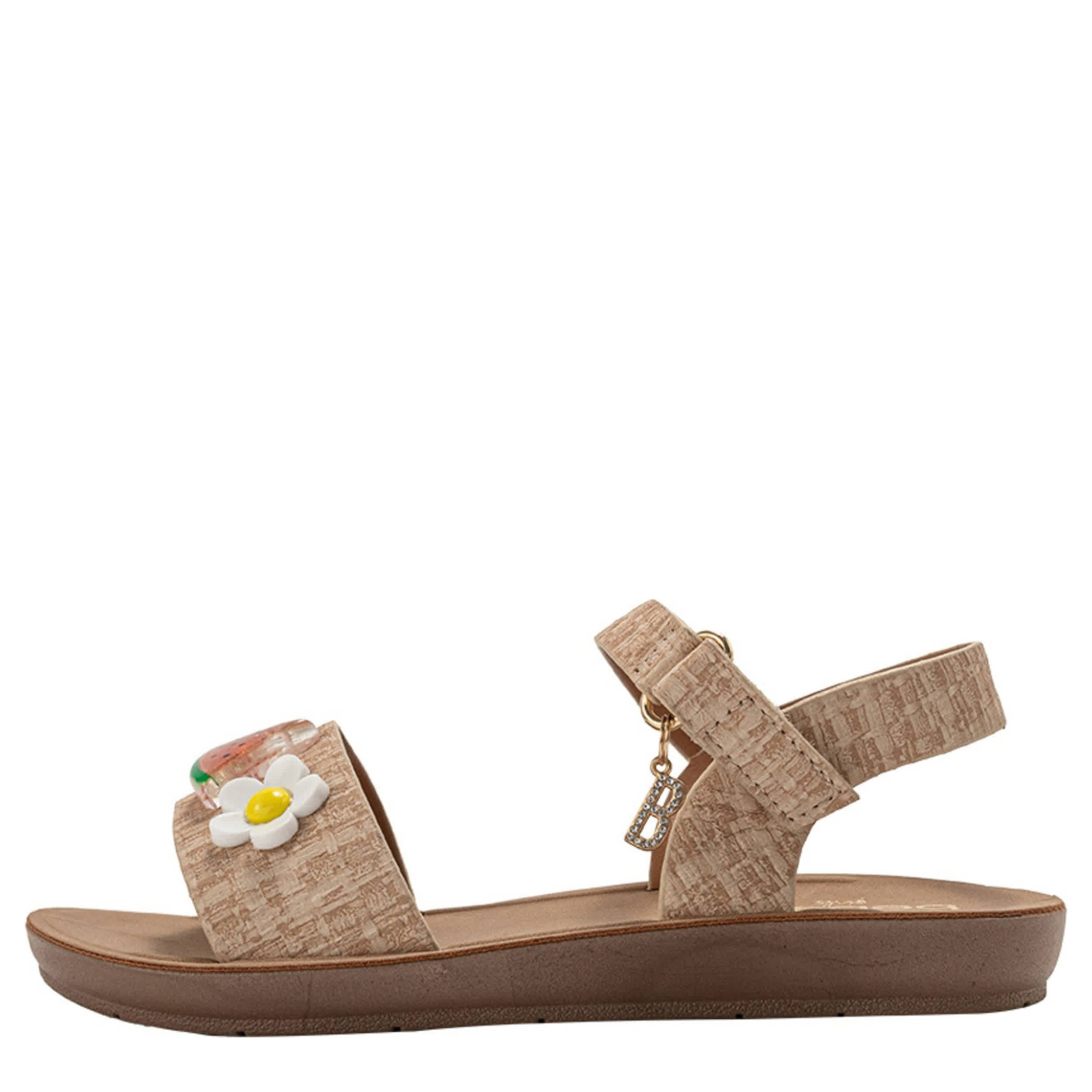 BEBE-GIRLS LITTLE-BIG KID FLAT SANDAL-TAN & FLORAL
