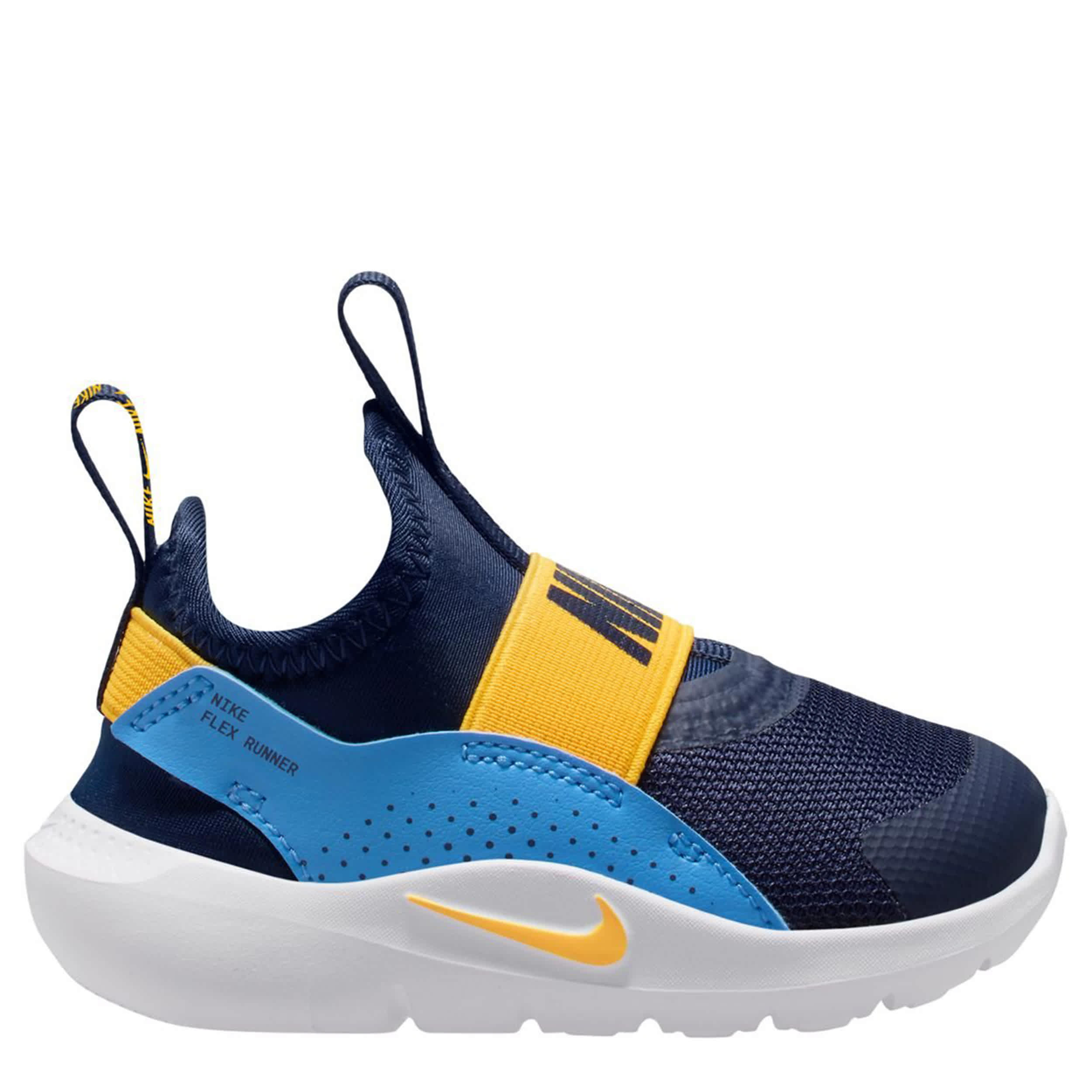 NIKE-BOYS INFANT-TODDLER FLEX RUNNER 4 SLIP ON SNEAKER-NAVY & ORANGE