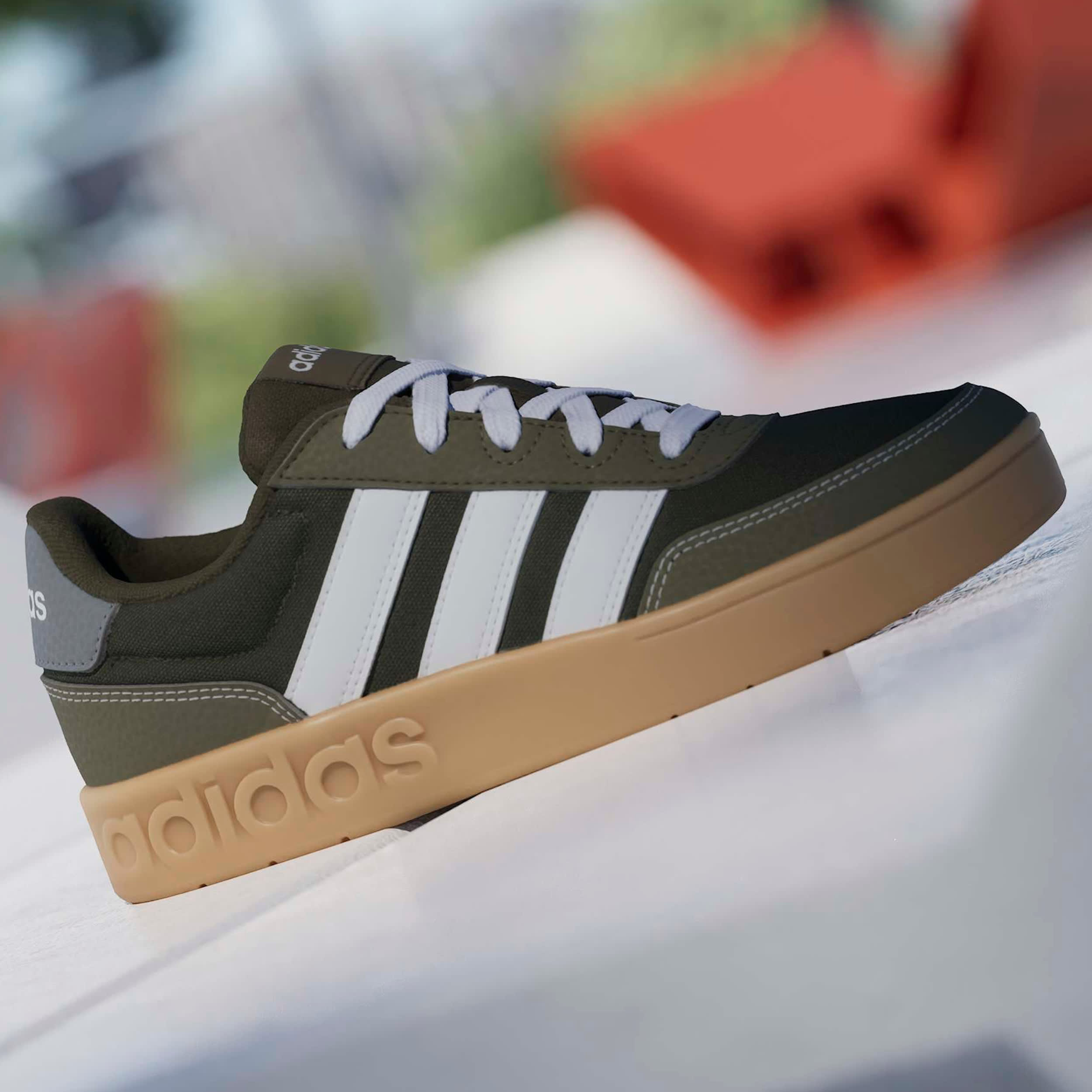ADIDAS-BOYS BIG KID BREAKBASE SNEAKER-OLIVE & WHITE