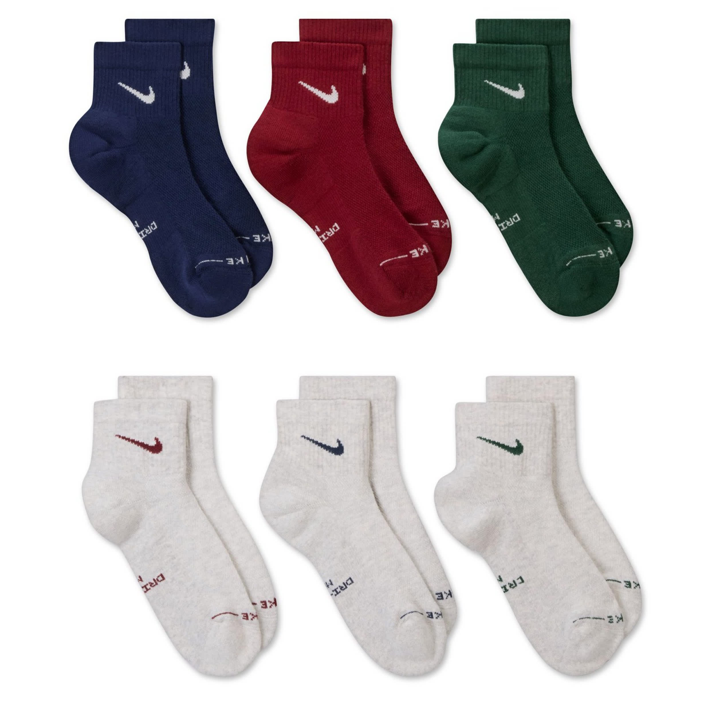 NIKE-MENS LARGE ELEVATED QUARTER SOCKS 6 PAIRS-ASSORTED & 