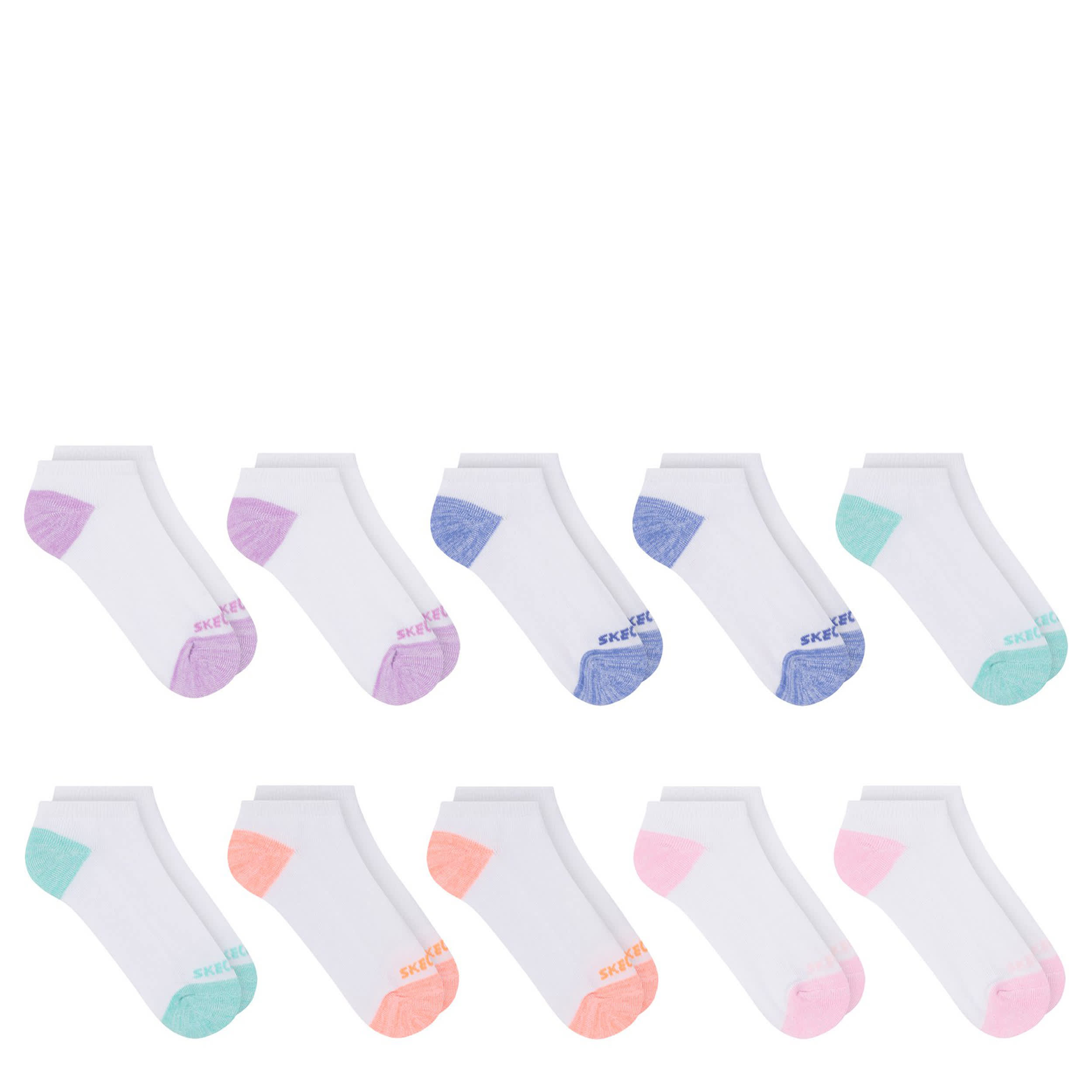 SKECHERS-GIRLS MEDIUM NO SHOW SOCKS 10 PAIRS-WHITE & ASSORTED