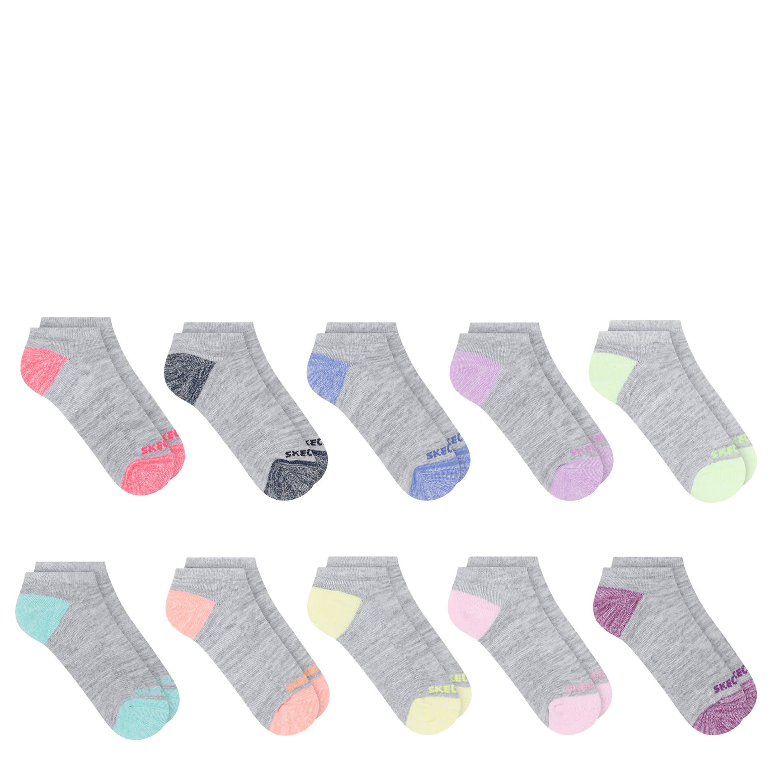 SKECHERS-GIRLS MEDIUM NO SHOW SOCKS 10 PAIRS-ASSORTED & 