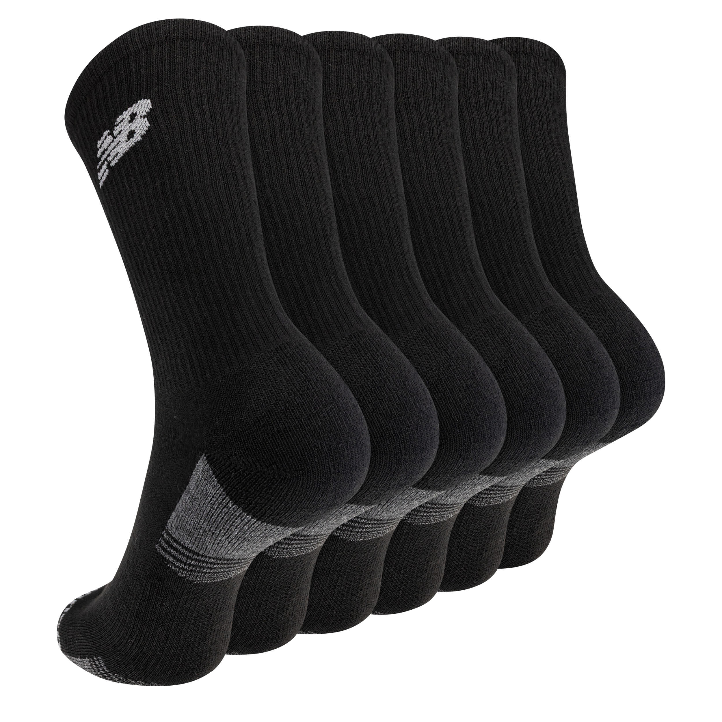 NEW BALANCE-MENS LARGE PERFORMANCE CUSHION CREW SOCKS 6 PAIRS-BLACK & 