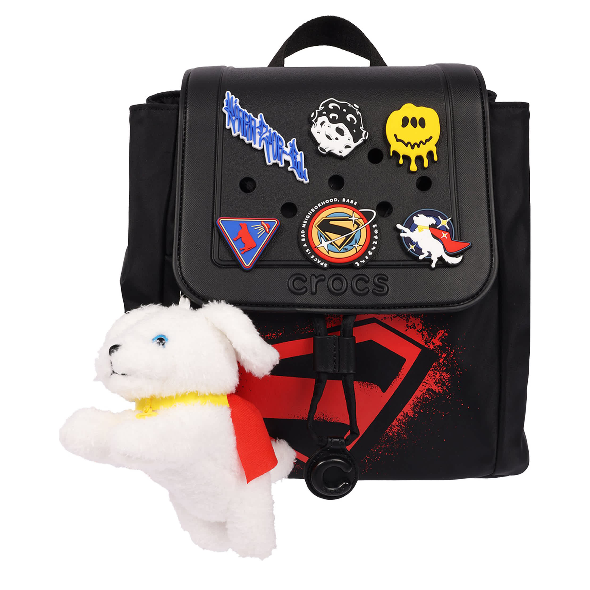 CROCS-UNISEX SUPERGIRL BACKPACK WITH KRYPTO PLUSH-BLACK & MULTICOLOR