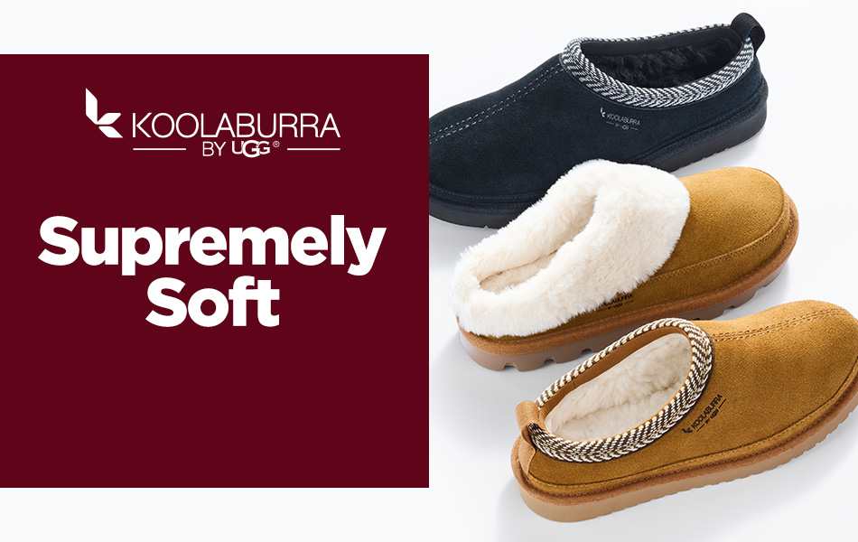 Three Koolaburra by Ugg slippers grouped together in row on a white background.