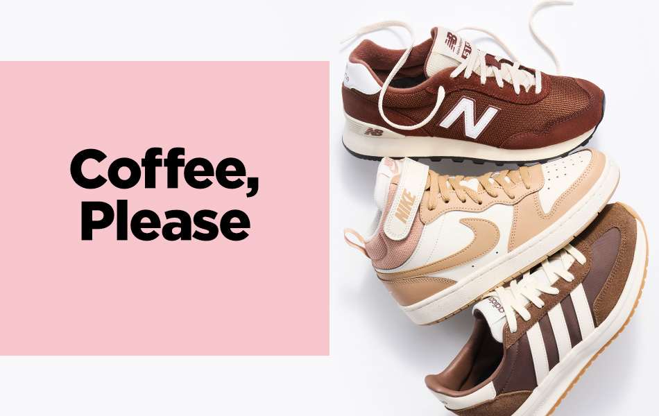 Three Mocha colored shoes stacked diagonally including the Women's New Balance 515 Sneaker, the Boys Nike Big Kid Court Borough 2 Mid Sneaker and the Women's adidas Run 70s 2.0 Sneaker.