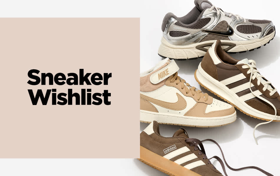 Four Mocha and Brown colored athletic sneakers from Nike and adidas shot from above on a white background.