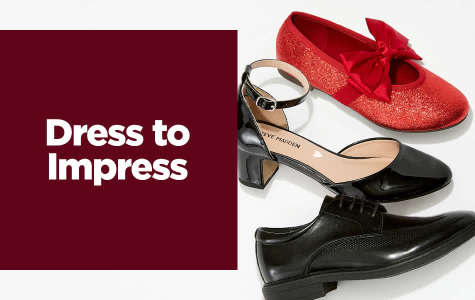 Three different dress shoes, one black men's oxford, one black women's pump heel, and one red women's flat with a bow tie shot from above on a white background.