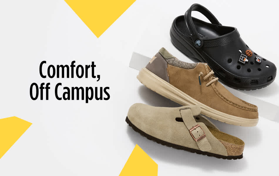 Three different comfortable casual shoes are arranged vertically and slightly on top of each other on white background
