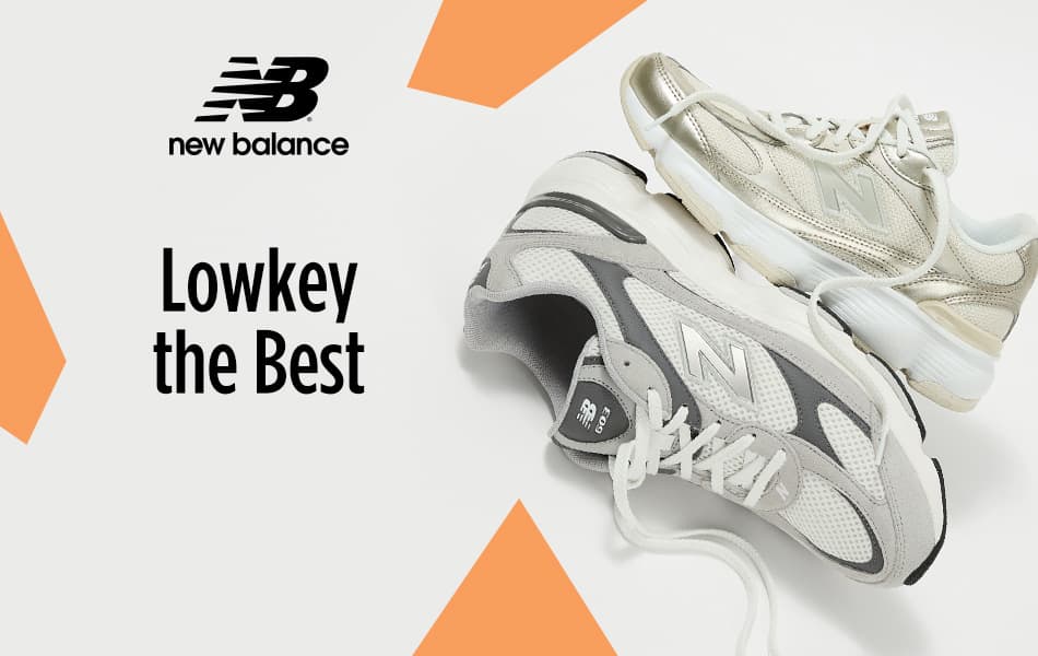 Classic Y2K styled sneakers from New Balance for men and women are vertically aligned and slightly on top of each other.
