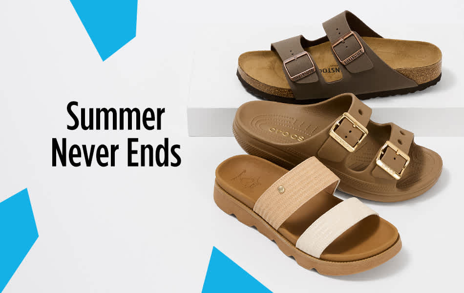 Three stylish and comfortable sandals are arranged vertically on white background