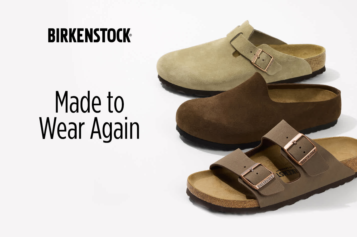 BIRKENSTOCK slip-ons shown vertically, with bottom shoe pointed slightly out