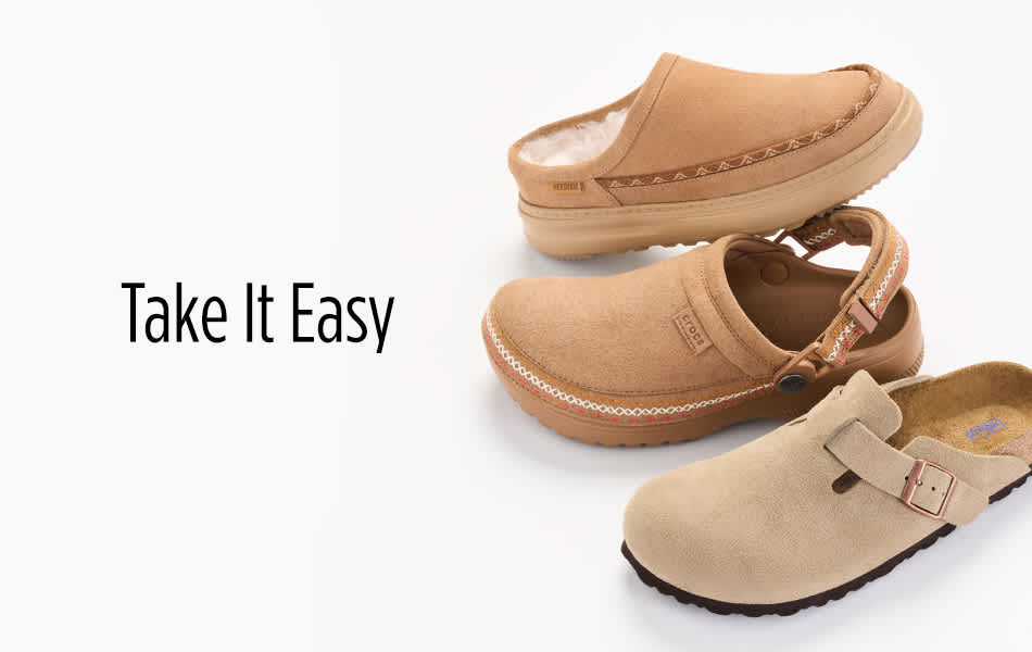Clogs shown in a column with top shoe leaned against the middle shoe