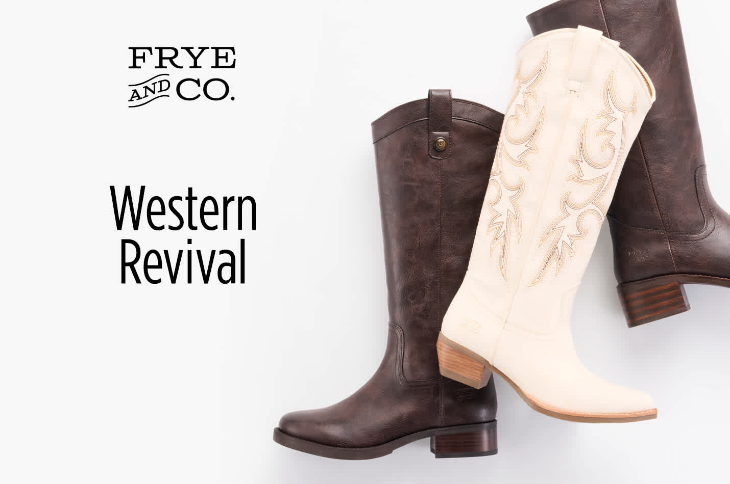 FRYE & Co. boots shown pointed in different directions with off white pair on top