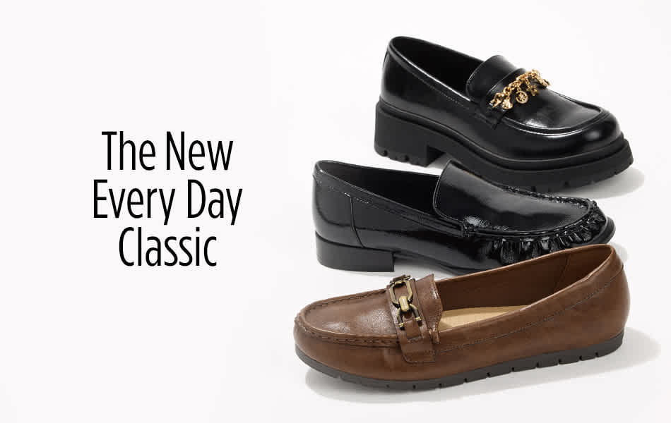 Loafers shown in column with top and bottom pair having hardware and middle loafer does not.