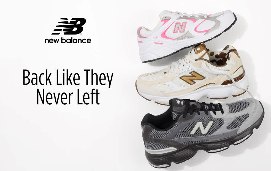 New Balance sneakers in a vertical line with top and bottom pairs tilted up slightly