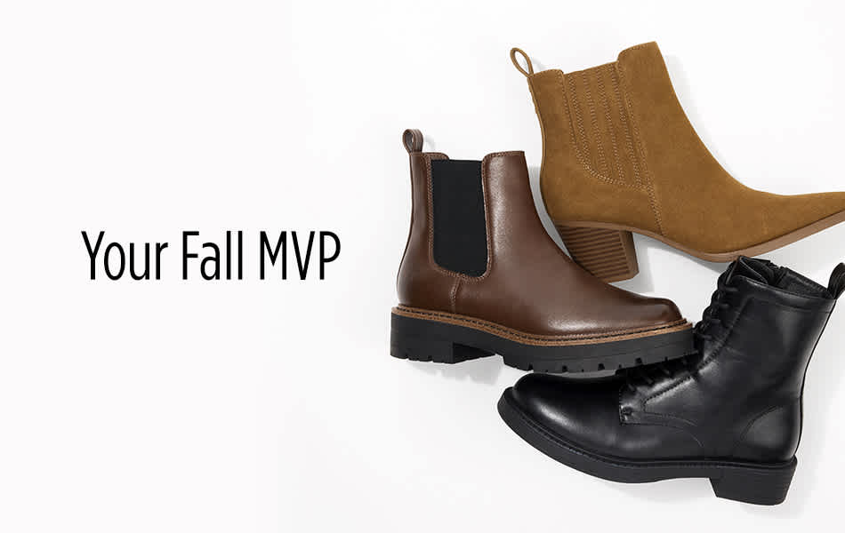 Brown Chelsea boots shown above black combat boot.