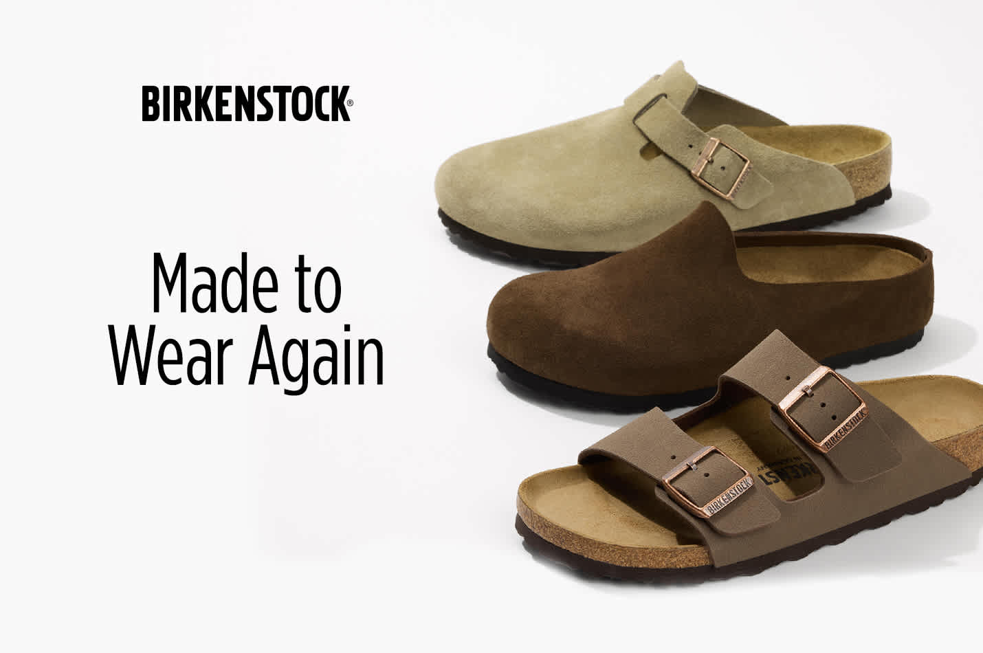 BIRKENSTOCK slip-ons shown vertically, with bottom shoe pointed slightly out
