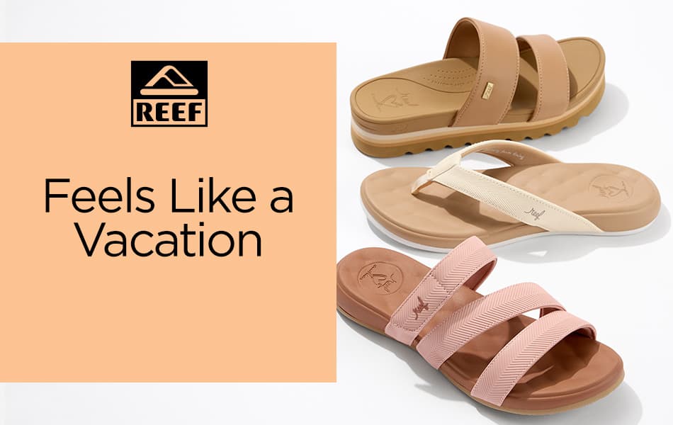 Three different beach-ready Reef sandals including a platform sandal and flip flop, lined up on a white background.