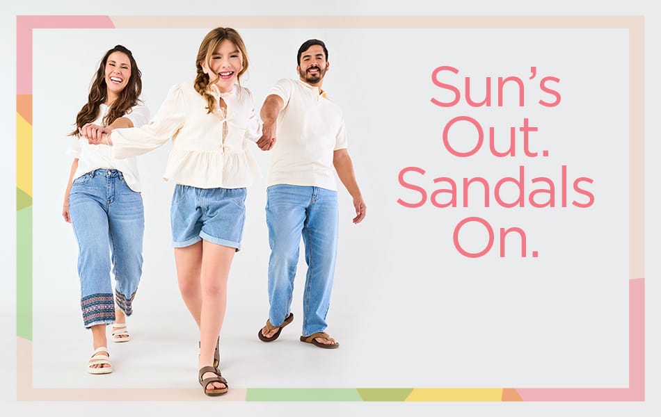 Six different sandals assembled together on a white background, ready for the entire family to pick and choose from.