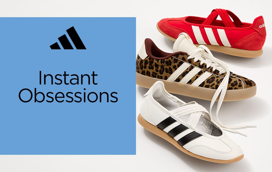 Three different pairs of trending adidas sneakers including leopard print and the desirable Barreda Mary Jane sneakers in a vertical line.