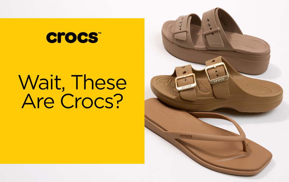Three different styles of brown colored Crocs sandals designed for comfort and style in a vertical line on a white background.