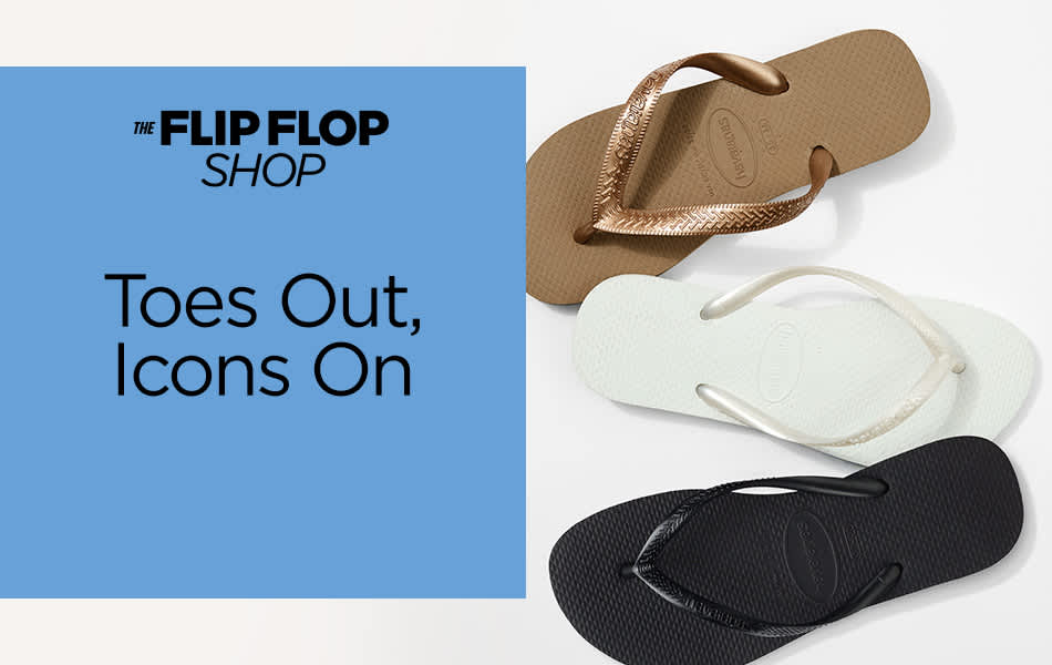 Three different pairs of flip flops in a vertical line ready for warm weather and all-day wear.