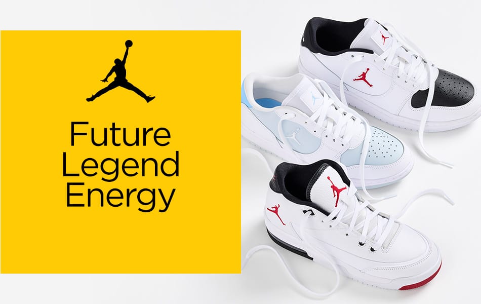 Three different pairs of Jordan sneakers in a vertical line ready to take on basketball court.