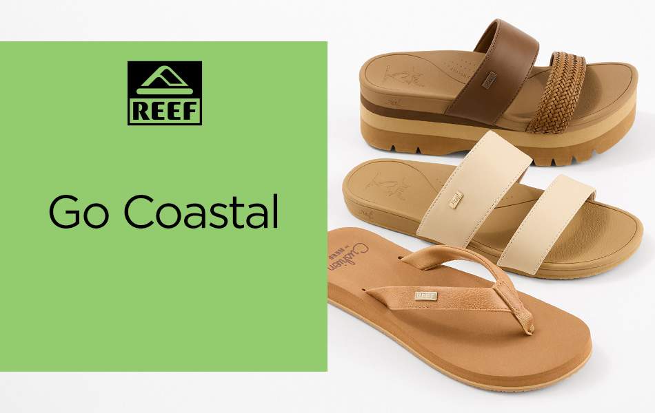 Three different styles of Reef sandals in a vertical line designed for comfort and fashion.