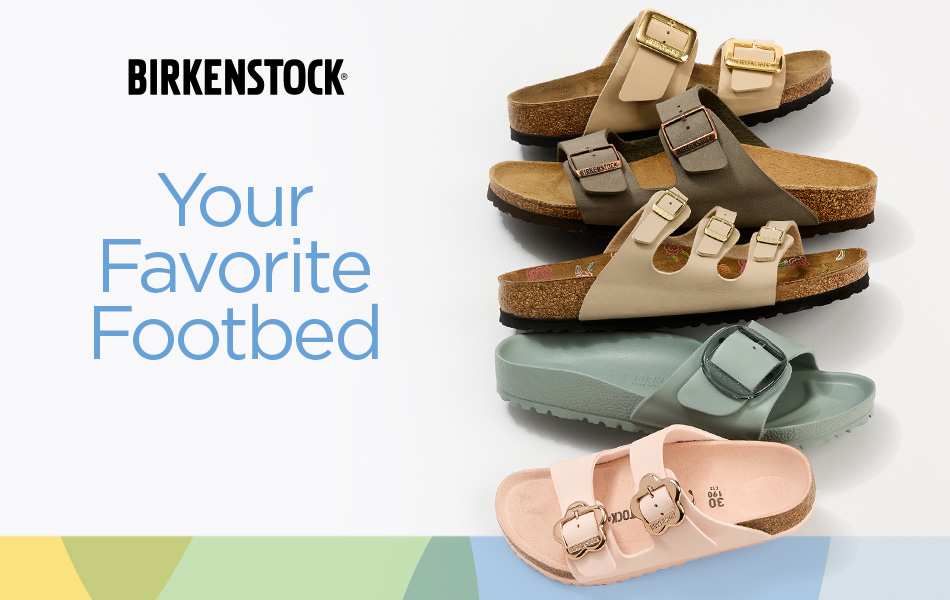 Eight different comfy and Summer friendly Birkenstock sandals for the family lined up in a horizontal line on a white background.