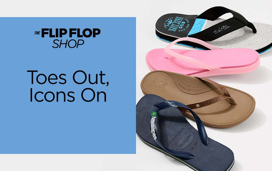 Four different pairs of flip flops from some of your favorite brands including Reef and Salt Life, lined up slightly on top of each other against a white background.