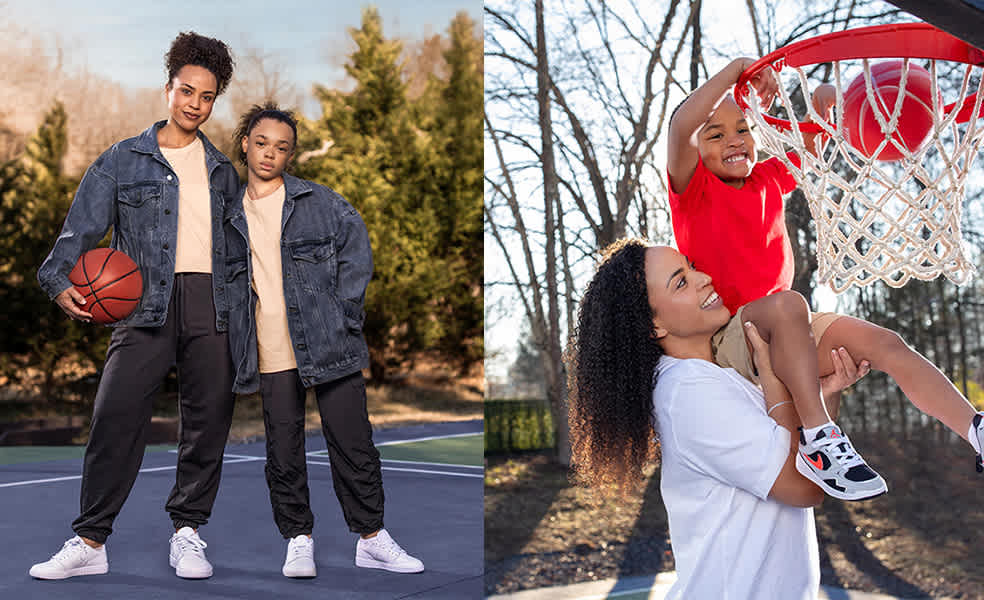 A mom, dad and their young daughter jumping for joy while wearing trendy and comfy athletic sneakers.