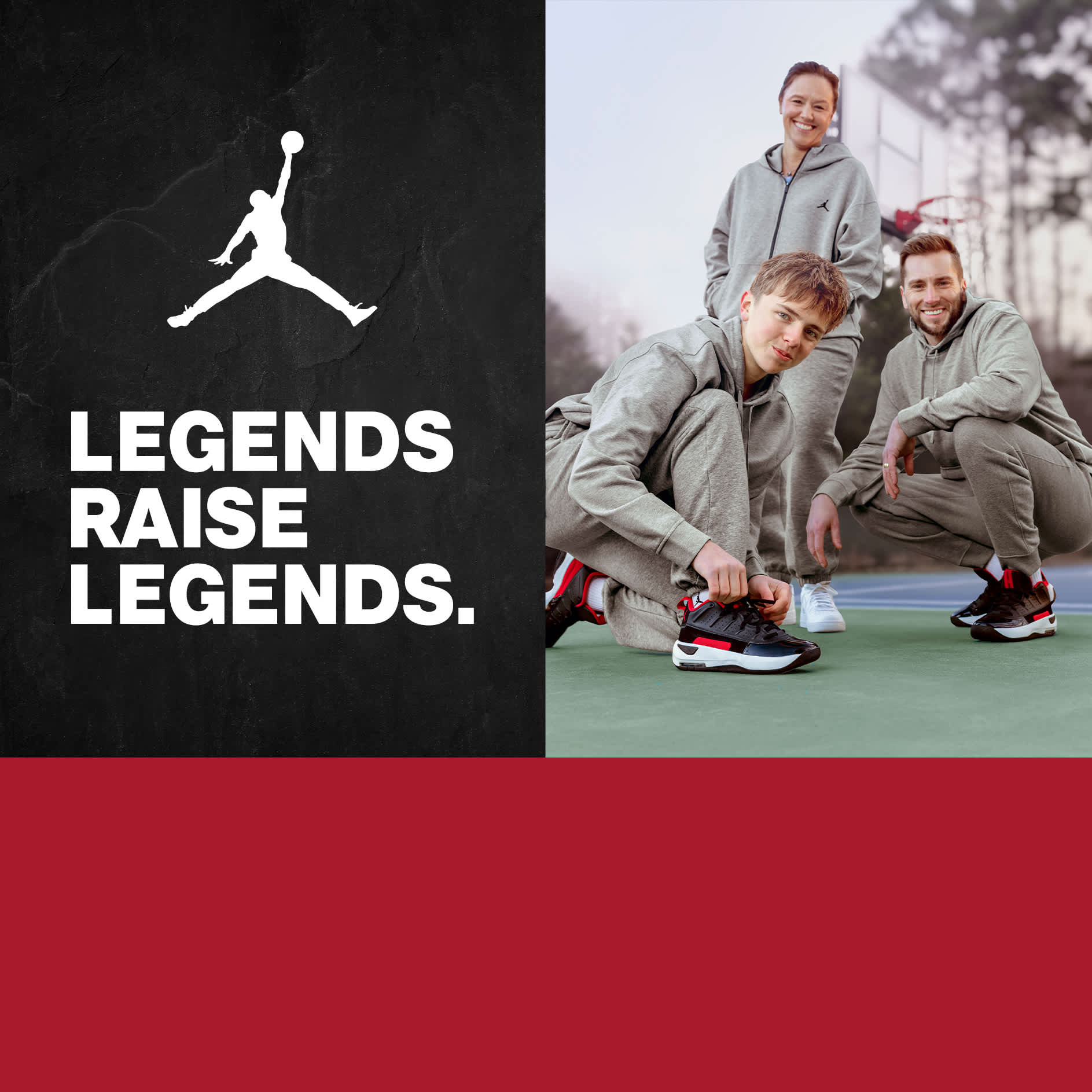 A mom, dad and their young daughter jumping for joy while wearing trendy and comfy athletic sneakers.